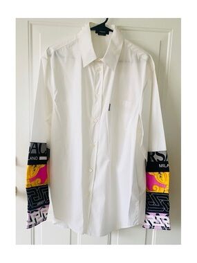 Versace Heritage Fit Poplin Shirt White Print Cuffs Sz 52 Men's US L